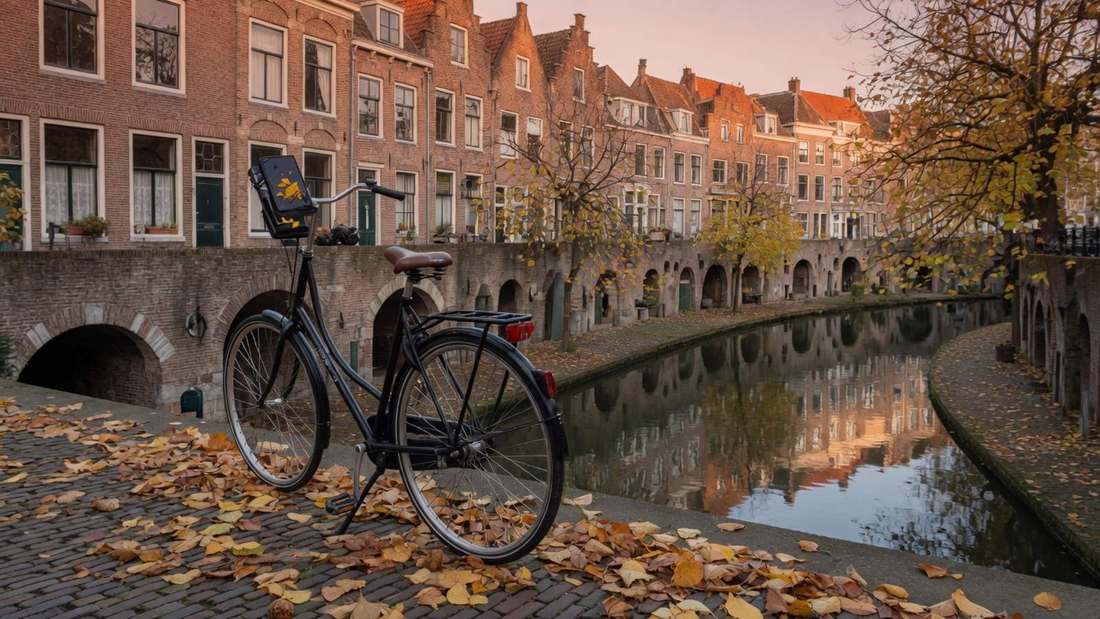 Fiets aan een Utrechtse gracht in de herfst met een telefoon in de houder